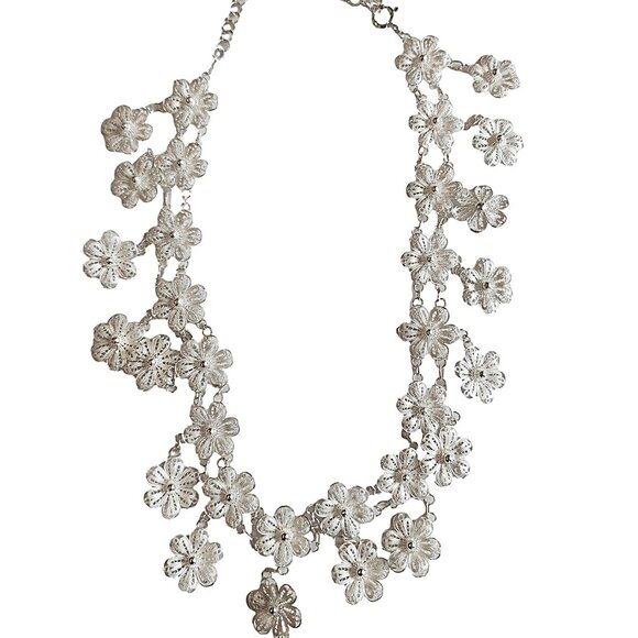 Sterling Silver Filagree Flower Necklace in 2 tier design. 15" length - New - Picture 2 of 2